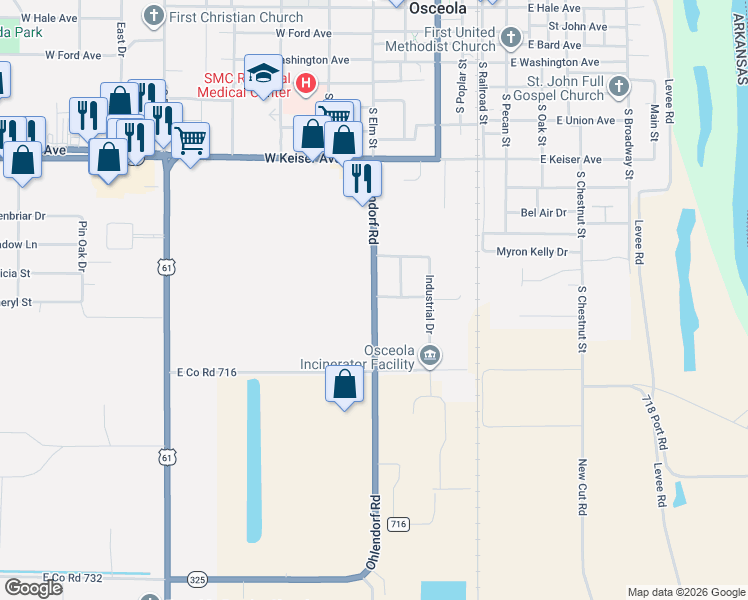 map of restaurants, bars, coffee shops, grocery stores, and more near 1160 Ohlendorf Road in Osceola