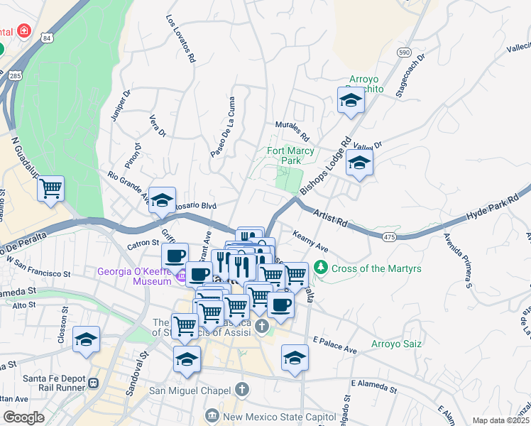 map of restaurants, bars, coffee shops, grocery stores, and more near 463 Paseo De Peralta in Santa Fe