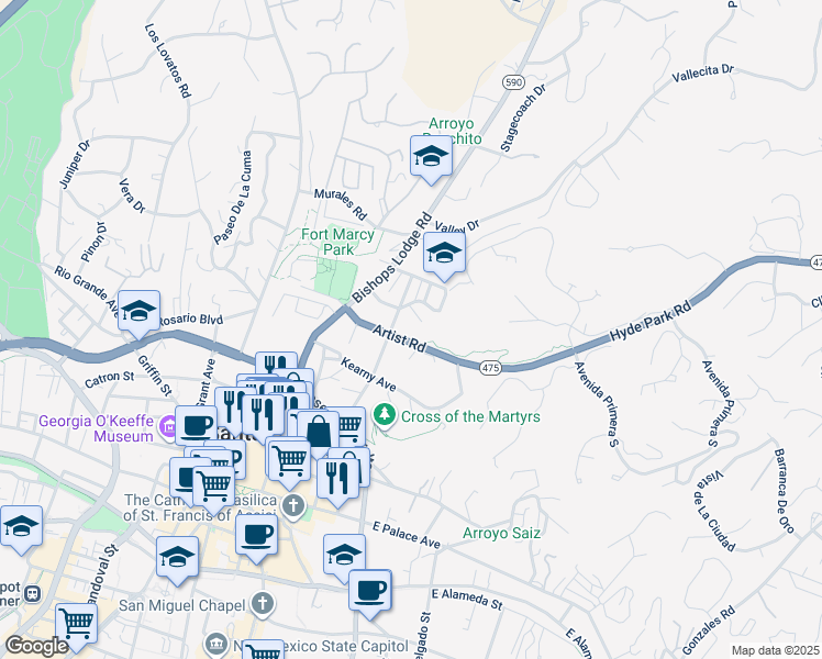 map of restaurants, bars, coffee shops, grocery stores, and more near 316 Artist Road in Santa Fe