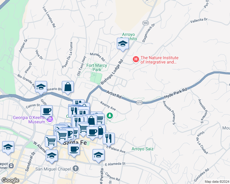 map of restaurants, bars, coffee shops, grocery stores, and more near 316 Artist Road in Santa Fe