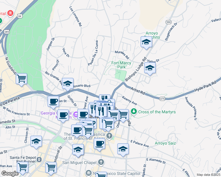 map of restaurants, bars, coffee shops, grocery stores, and more near 463 Paseo De Peralta in Santa Fe