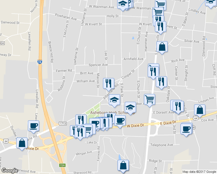 map of restaurants, bars, coffee shops, grocery stores, and more near 1011 Lee Street in Asheboro