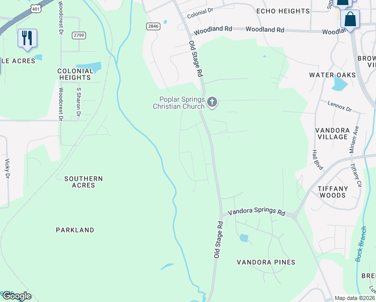 map of restaurants, bars, coffee shops, grocery stores, and more near 6310-6598 Old Stage Road in Raleigh