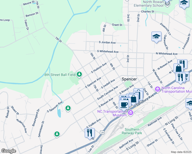 map of restaurants, bars, coffee shops, grocery stores, and more near 600 South Spencer Avenue in Spencer