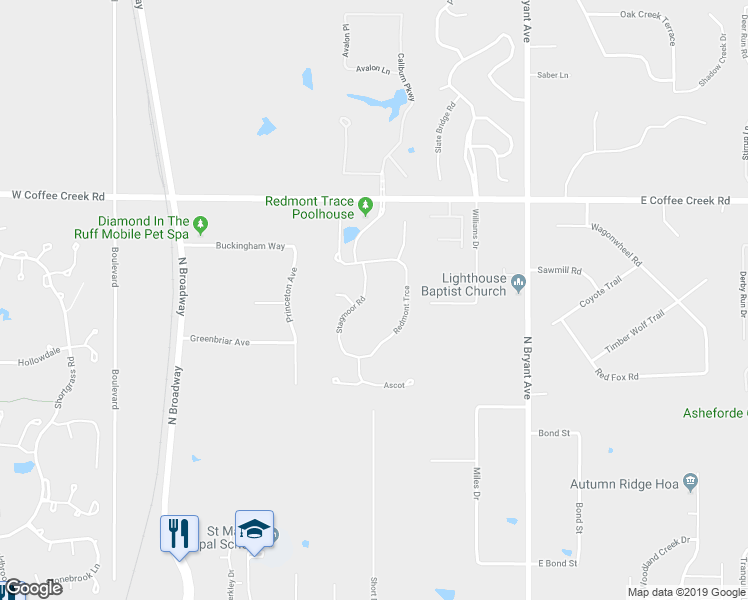 map of restaurants, bars, coffee shops, grocery stores, and more near 3716 Stagmoor Road in Edmond