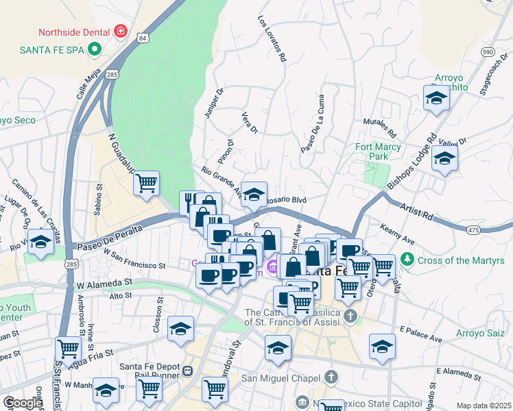 map of restaurants, bars, coffee shops, grocery stores, and more near 319 Paseo De Peralta in Santa Fe