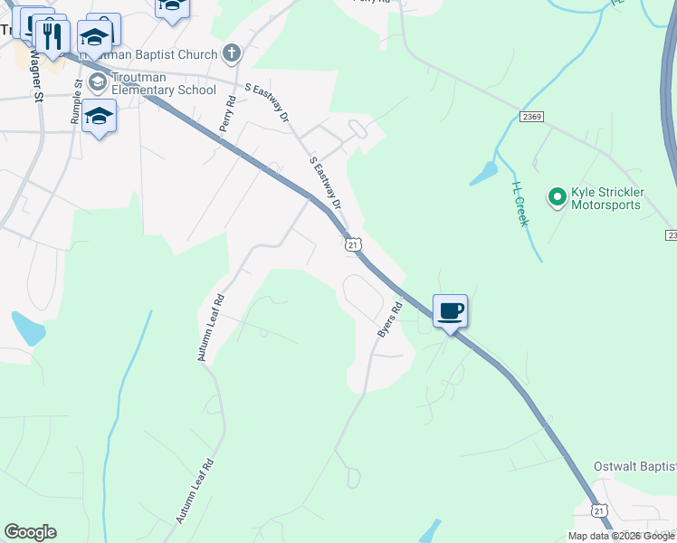 map of restaurants, bars, coffee shops, grocery stores, and more near 153 Jacobs Woods Circle in Troutman