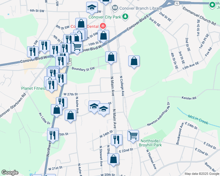 map of restaurants, bars, coffee shops, grocery stores, and more near 2709 North Main Avenue in Newton