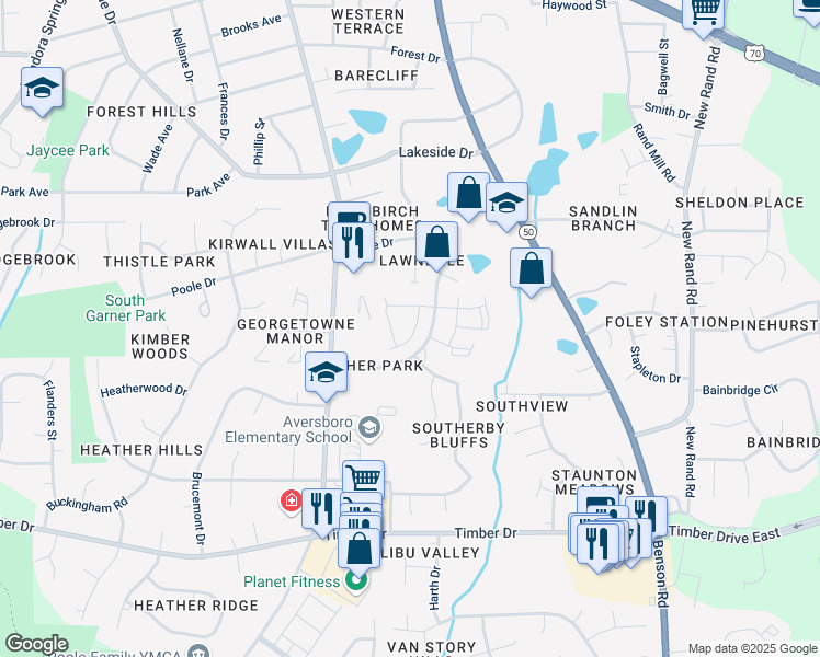 map of restaurants, bars, coffee shops, grocery stores, and more near 105 Gulley Glen Drive in Garner