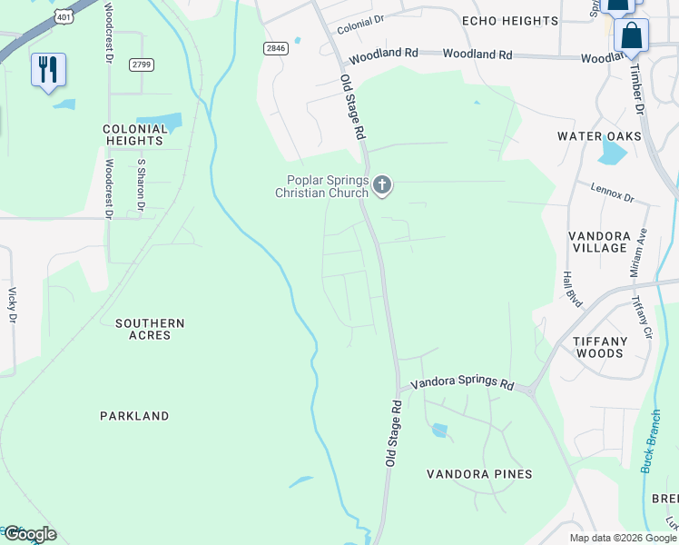 map of restaurants, bars, coffee shops, grocery stores, and more near 6310-6598 Old Stage Road in Raleigh