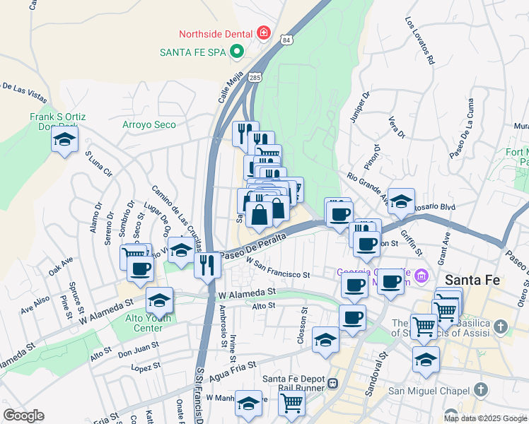 map of restaurants, bars, coffee shops, grocery stores, and more near 157 Paseo De Peralta in Santa Fe