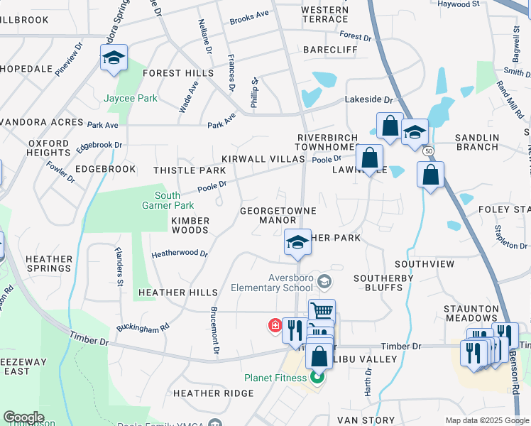 map of restaurants, bars, coffee shops, grocery stores, and more near 104 Carriage House Trail in Garner