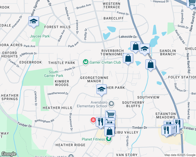 map of restaurants, bars, coffee shops, grocery stores, and more near 106 Village Green Trail in Garner