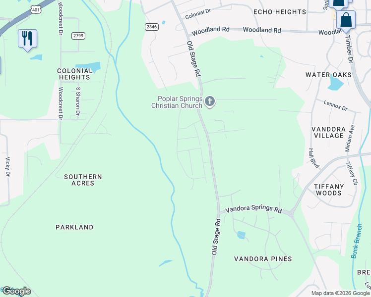 map of restaurants, bars, coffee shops, grocery stores, and more near 6310-6598 Old Stage Road in Raleigh