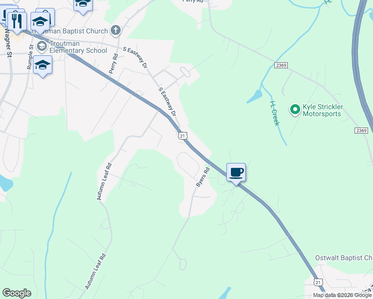 map of restaurants, bars, coffee shops, grocery stores, and more near 153 Jacobs Woods Circle in Troutman