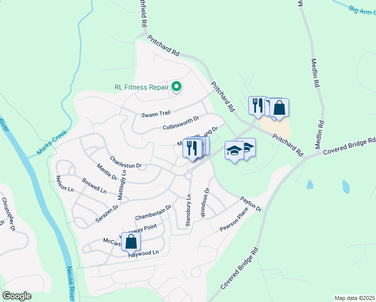 map of restaurants, bars, coffee shops, grocery stores, and more near 129 Hutson Lane in Clayton