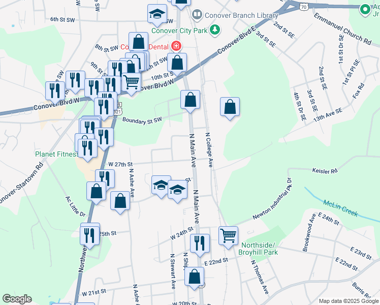 map of restaurants, bars, coffee shops, grocery stores, and more near 2709 North Main Avenue in Newton