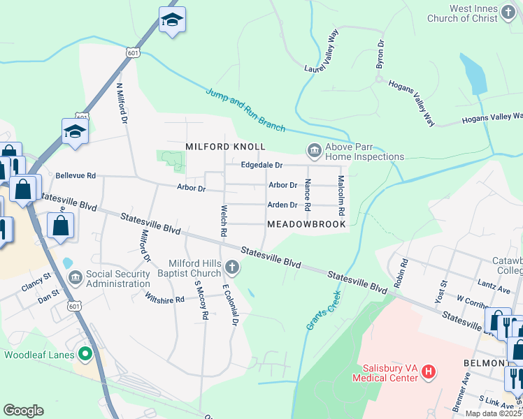 map of restaurants, bars, coffee shops, grocery stores, and more near 1301 Arden Drive in Salisbury