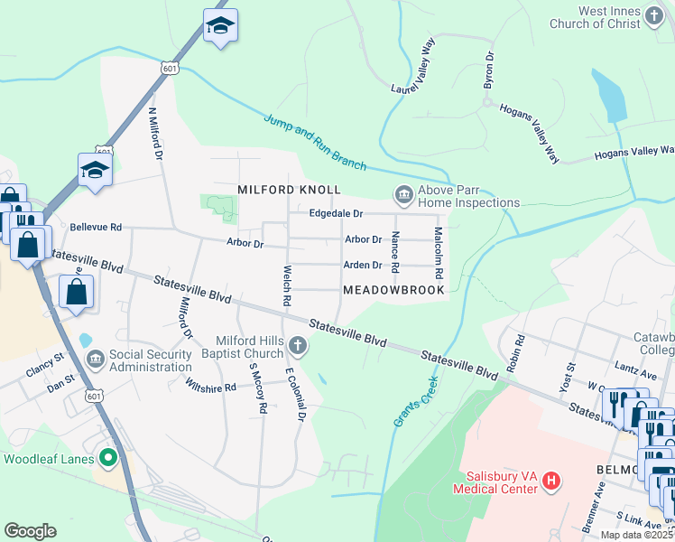 map of restaurants, bars, coffee shops, grocery stores, and more near 1301 Arden Drive in Salisbury