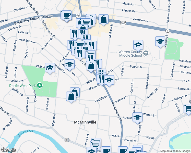 map of restaurants, bars, coffee shops, grocery stores, and more near 601 N Chancery St in McMinnville