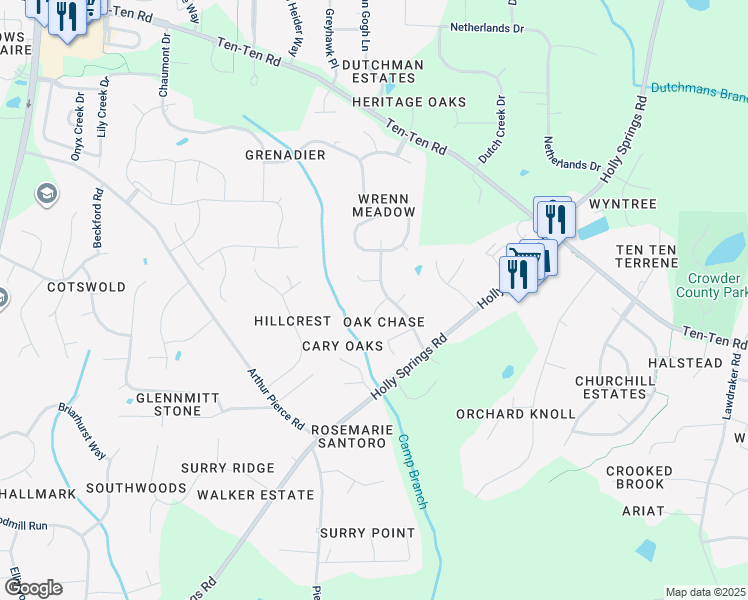 map of restaurants, bars, coffee shops, grocery stores, and more near 9004 Oak Branch Drive in Apex