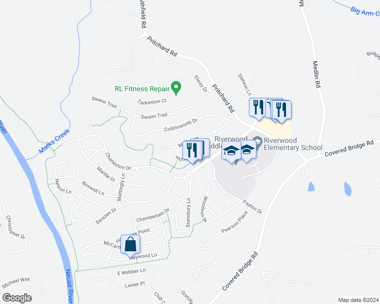 map of restaurants, bars, coffee shops, grocery stores, and more near 125 Hutson Lane in Clayton