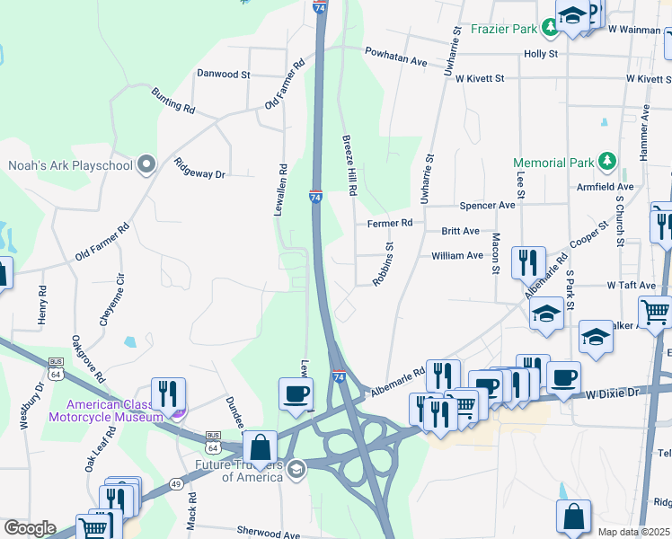 map of restaurants, bars, coffee shops, grocery stores, and more near 1007 Breeze Way Court in Asheboro