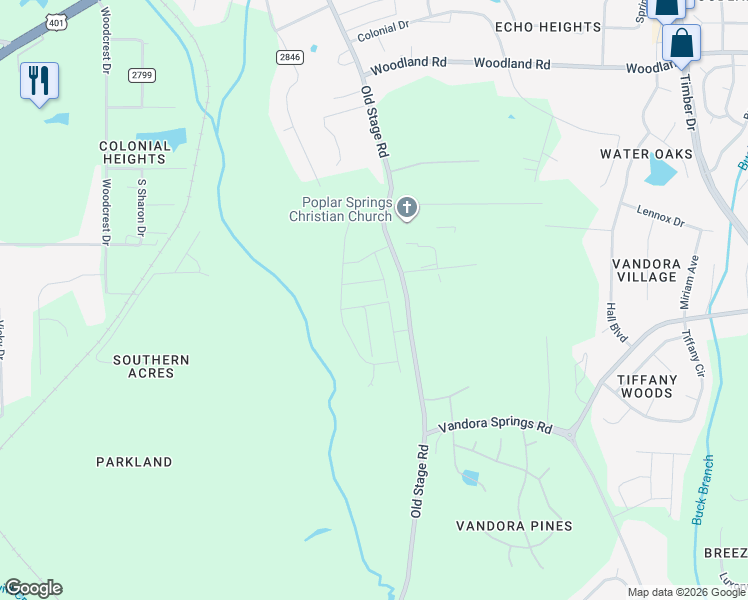 map of restaurants, bars, coffee shops, grocery stores, and more near 6310-6598 Old Stage Road in Raleigh