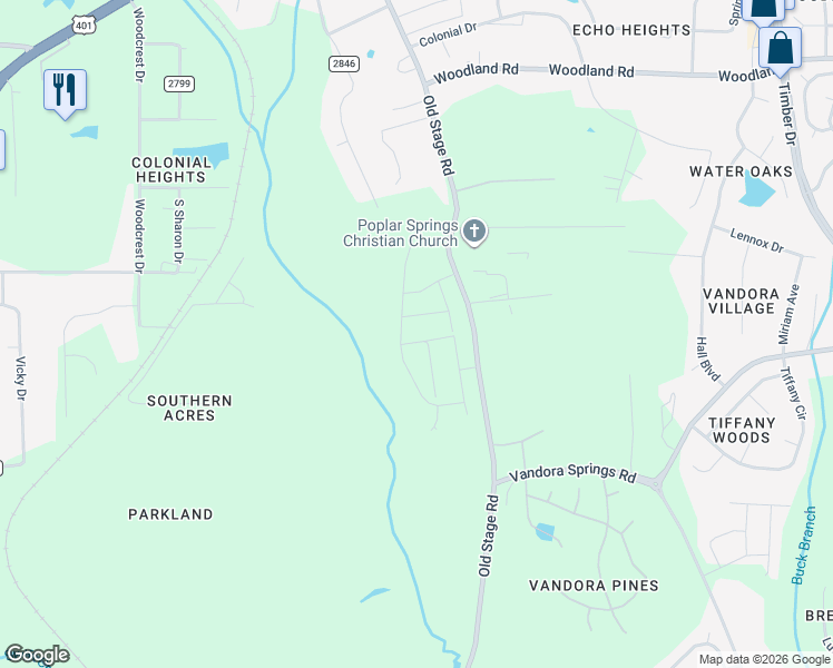 map of restaurants, bars, coffee shops, grocery stores, and more near 6310-6598 Old Stage Road in Raleigh