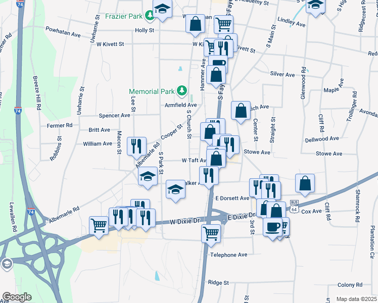 map of restaurants, bars, coffee shops, grocery stores, and more near 1 South Church Street in Asheboro