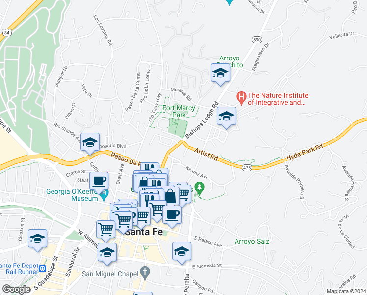 map of restaurants, bars, coffee shops, grocery stores, and more near 108 Artist Road in Santa Fe