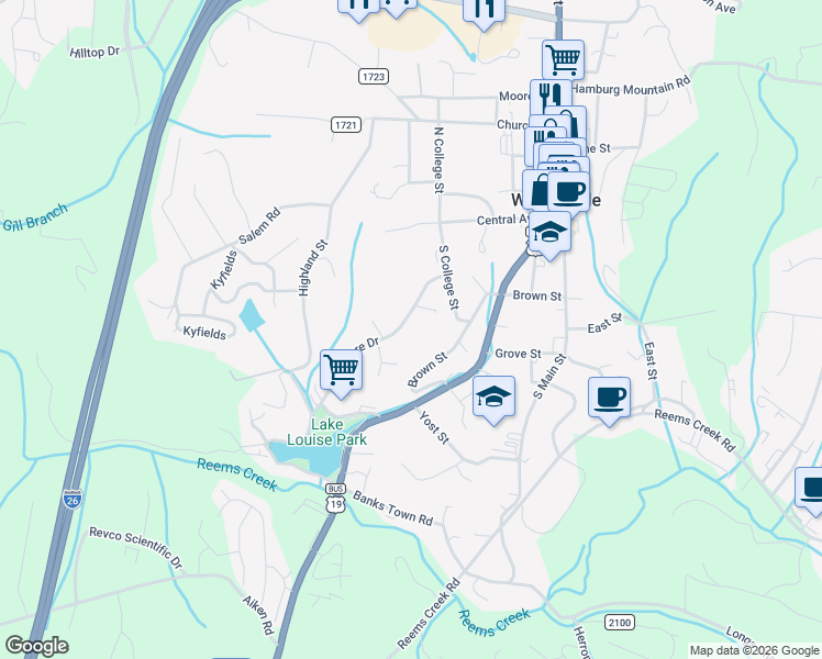 map of restaurants, bars, coffee shops, grocery stores, and more near 24 Lakeshore Drive in Weaverville