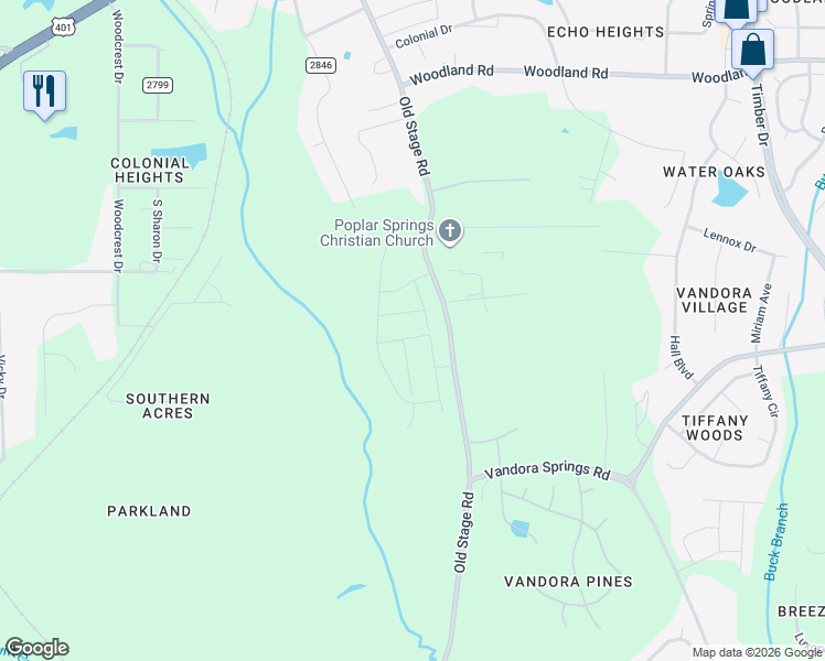 map of restaurants, bars, coffee shops, grocery stores, and more near 6310-6598 Old Stage Road in Raleigh