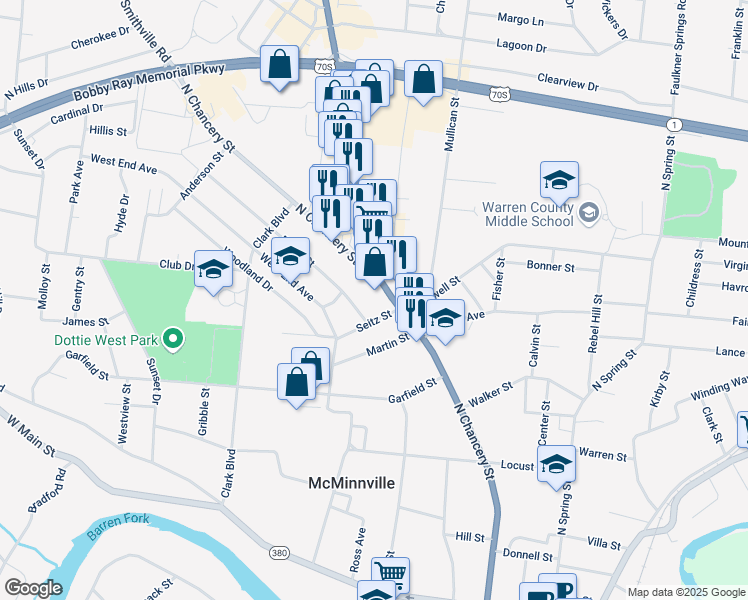 map of restaurants, bars, coffee shops, grocery stores, and more near 601 North Chancery Street in McMinnville