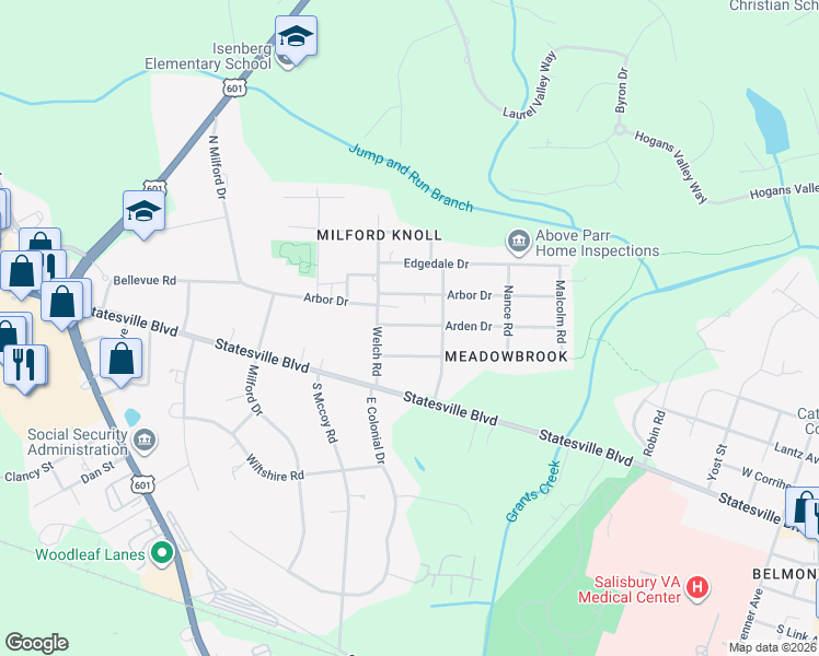 map of restaurants, bars, coffee shops, grocery stores, and more near 1306 Forestdale Drive in Salisbury