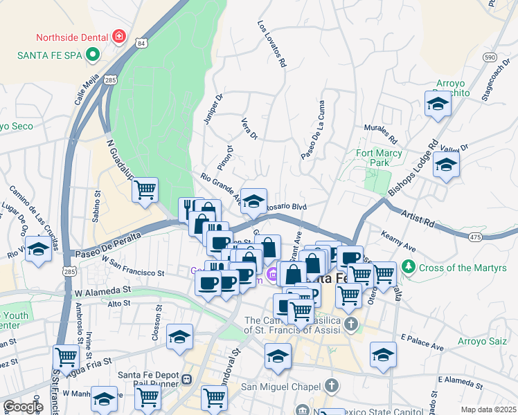 map of restaurants, bars, coffee shops, grocery stores, and more near 319 Paseo De Peralta in Santa Fe