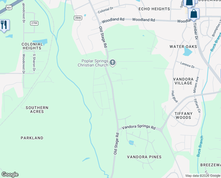 map of restaurants, bars, coffee shops, grocery stores, and more near 6401 Old Stage Road in Raleigh