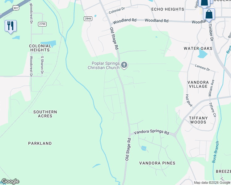 map of restaurants, bars, coffee shops, grocery stores, and more near 6310-6598 Old Stage Road in Raleigh
