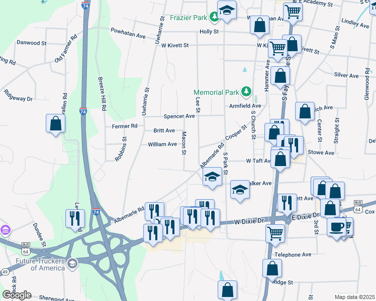 map of restaurants, bars, coffee shops, grocery stores, and more near 1016 Macon Street in Asheboro