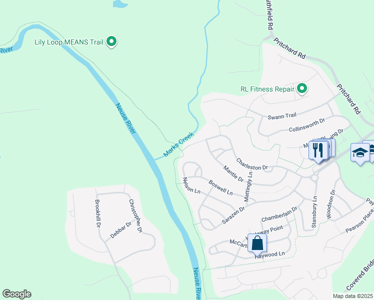 map of restaurants, bars, coffee shops, grocery stores, and more near 324 Nelson Lane in Clayton
