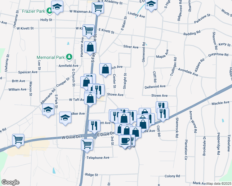 map of restaurants, bars, coffee shops, grocery stores, and more near 301 Stowe Avenue in Asheboro