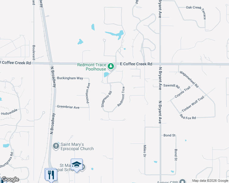 map of restaurants, bars, coffee shops, grocery stores, and more near 3716 Stagmoor Road in Edmond
