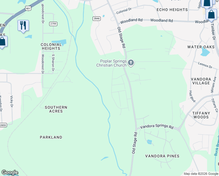 map of restaurants, bars, coffee shops, grocery stores, and more near 6310-6598 Old Stage Road in Raleigh