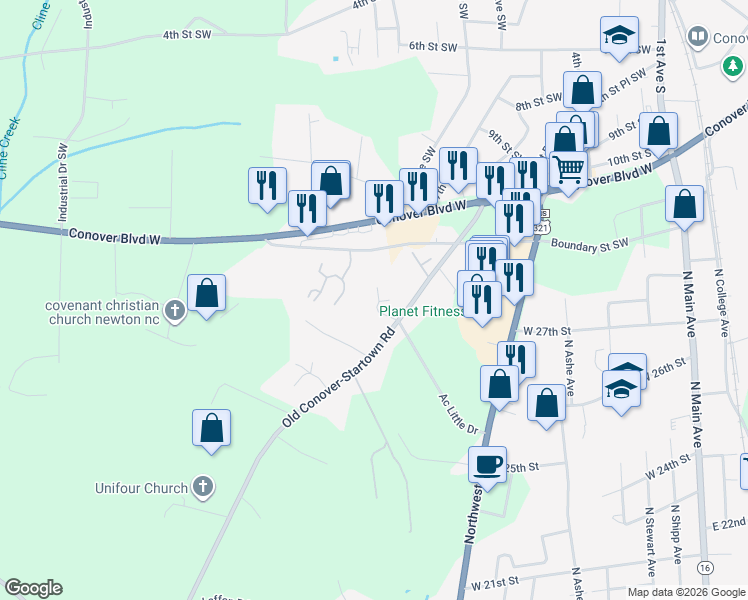 map of restaurants, bars, coffee shops, grocery stores, and more near 2655 Old Conover-Startown Road in Newton