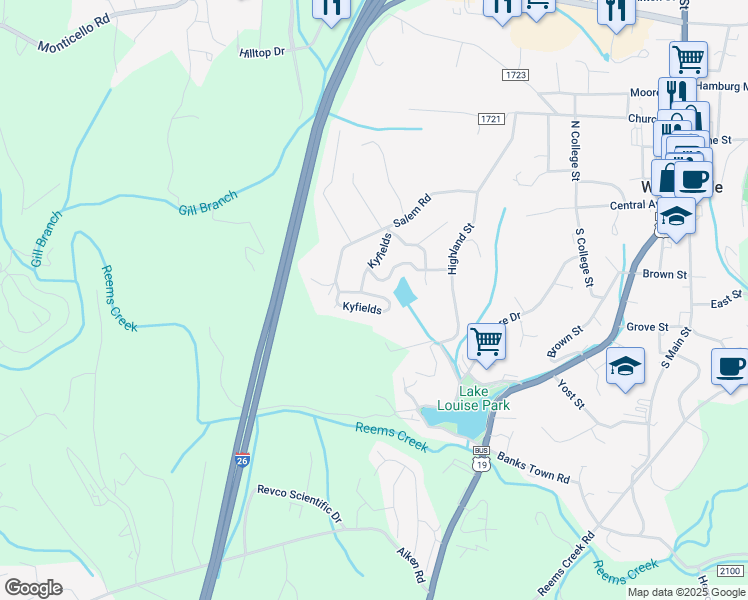 map of restaurants, bars, coffee shops, grocery stores, and more near 407 Kyfields in Weaverville