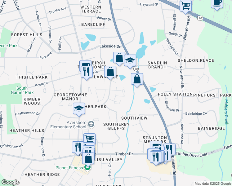 map of restaurants, bars, coffee shops, grocery stores, and more near Harvard Park Way in Garner
