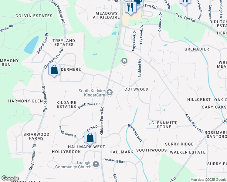 map of restaurants, bars, coffee shops, grocery stores, and more near 111 Fairchild Downs Place in Cary