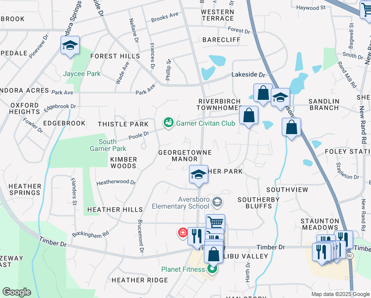 map of restaurants, bars, coffee shops, grocery stores, and more near 106 Village Green Trail in Garner