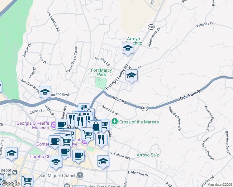 map of restaurants, bars, coffee shops, grocery stores, and more near 510 Sunset Street in Santa Fe