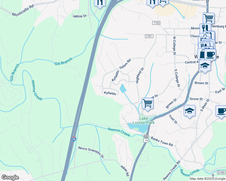 map of restaurants, bars, coffee shops, grocery stores, and more near 407 Kyfields in Weaverville
